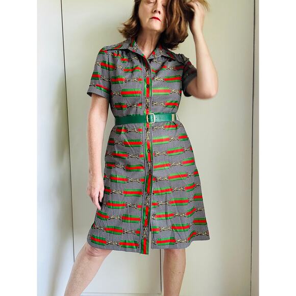 Vintage 60 Mod Style Dress Houndstooth Buckle Design Green/Red Designer Sz 6-8 - Picture 10 of 11